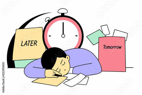 Procrastination do it later, postpone to work tomorrow, unproductive and excuse concept, lazy man sleeping with no clue to wake up with big sticky note written the word later on alarm clock.