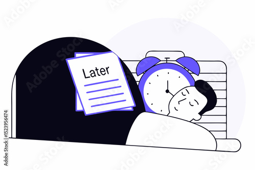 Procrastination do it later, postpone to work tomorrow, unproductive and excuse concept, lazy man sleeping with no clue to wake up with big sticky note written the word later on alarm clock.