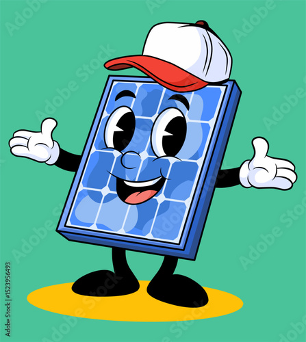 a friendly solar panel mascot.a cheerful expression, wearing a bright white and red cap,waving.for green energy branding, environmental education,renewable energy marketing materials.