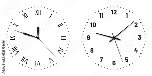 Vintage and modern clock faces with Roman numerals and retro hands. Blank clock dial with hours, minutes, and seconds hands. Victorian clock dial with hands. Roman and modern numbers. Vector