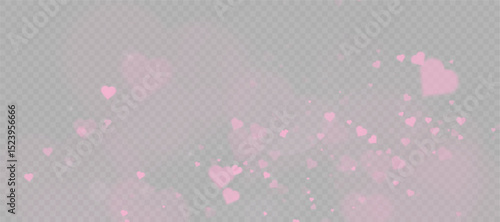 Romantic soft pink hearts with bokeh particles and transparent light glow on transparent background. Use for Valentine's Day themes, romantic overlays.