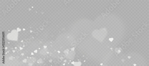Romantic soft white hearts with bokeh particles and transparent light glow on transparent background. Use for Valentine's Day themes, romantic overlays.