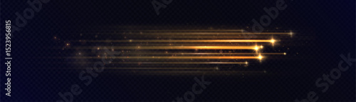 Golden horizontal light beams with flashes and sparks on transparent background. Energy of movement and shine for speed effects design.