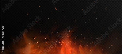 Fiery sparks and glowing embers swirling upward with soft smoke on a transparent backdrop.

