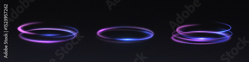Abstract rotating neon rings with purple-blue glow and acceleration effect. Used for sci-fi interfaces, magic and visual motion effects.