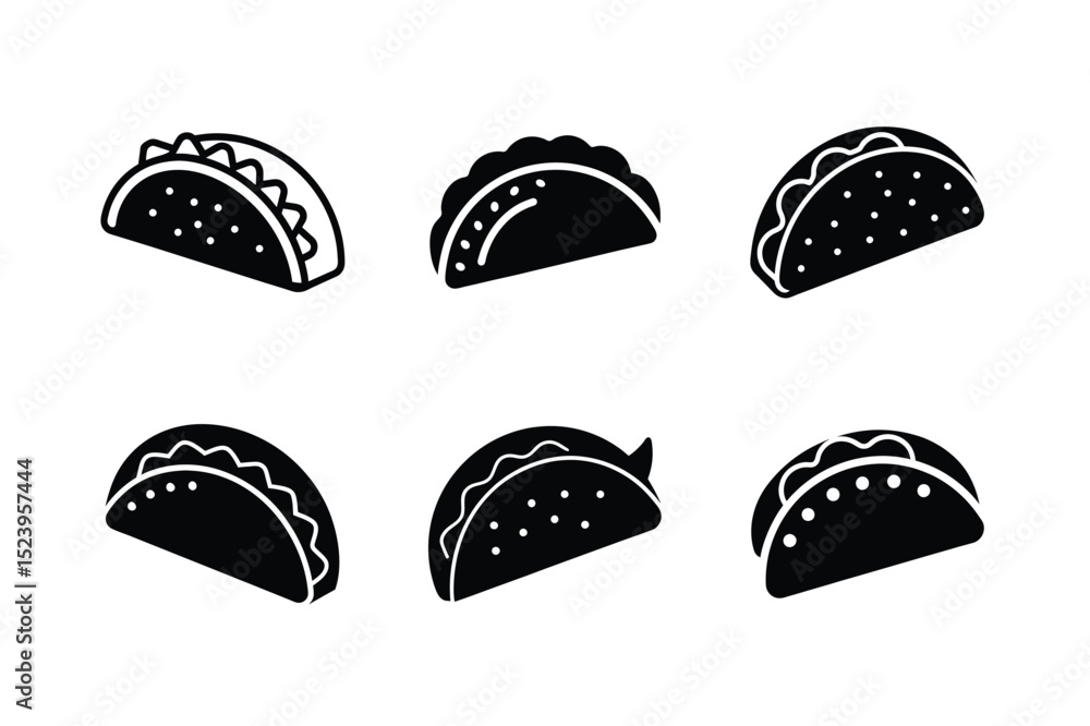 Fototapeta premium Taco Silhouette and Outline Icon Set vector illustration