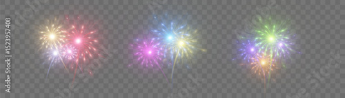 Bright fireworks with many colorful flashes and sparks on a transparent background. Suitable for holiday designs and New Year cards.