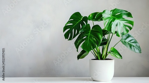 Indoor Monstera flower with glossy leaves in a modern pot, standing on a simple white tabletop