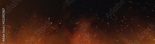 Fiery sparks and glowing embers swirling upward with soft smoke on a transparent backdrop.

