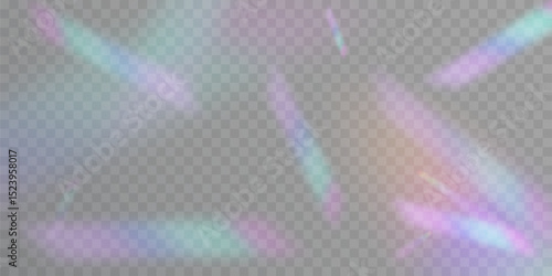 Realistic diamond reflection, rainbow light optical effect Colorful collection, bright spectrum glow rays. Rainbow effect overlay, prismatic crystal refraction.	PNG