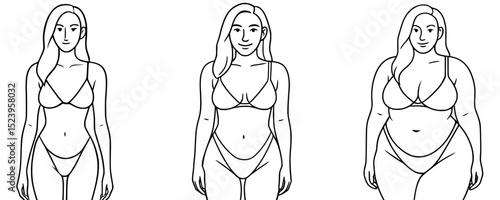 Minimalist line art illustration of three diverse female body types, slim, average, and curvy, wearing bikinis. Clean outline style suitable for body positivity themes, fashion, and wellness designs.