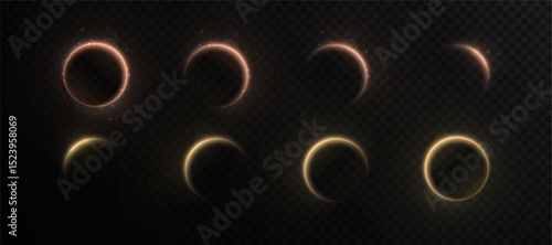 Set of solar eclipse phases with gold and red highlights on transparent background. Suitable for space, astronomy and scientific illustrations.
