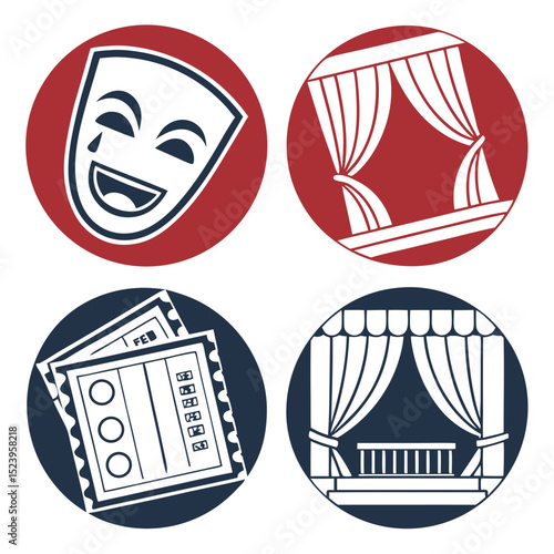 Theater icons masks curtains tickets and stage
