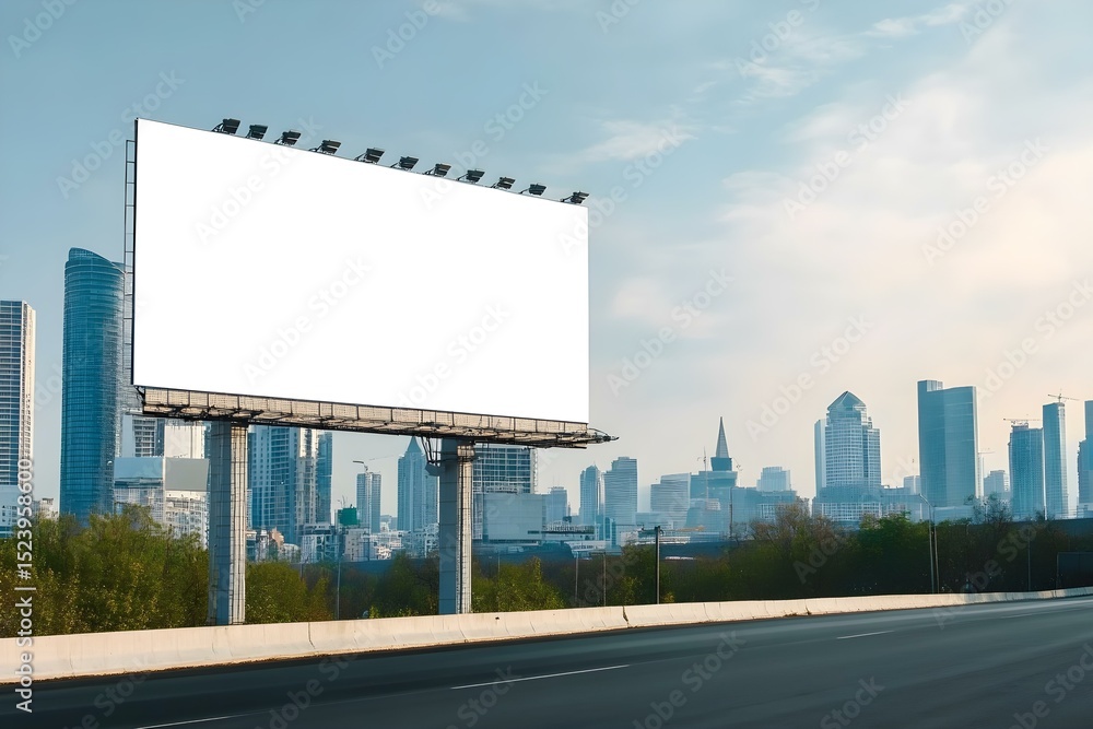 Fototapeta premium Large Blank Billboard on Road with City View Background for High-Visibility Urban Advertising