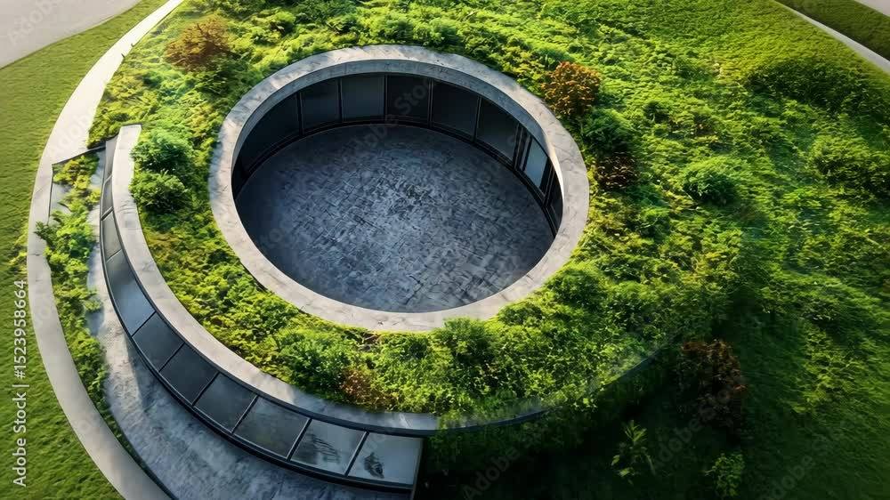 Aerial rotation revealing circular green roof architecture with lush vegetation Aerial rotation revealing circular green roof architecture with lush vegetation