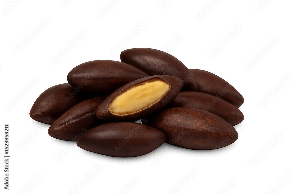 Naklejka premium Chocolate-Covered Almonds: A tempting collection of chocolate-covered almonds, a sweet indulgence showcasing a harmonious balance of rich dark chocolate and a fresh almond center.
