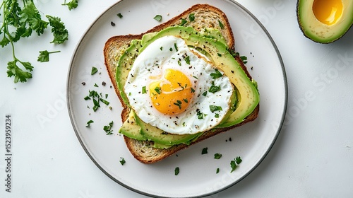 Plate with avocado toast topped with poached egg and herbs, centered on a clean white background