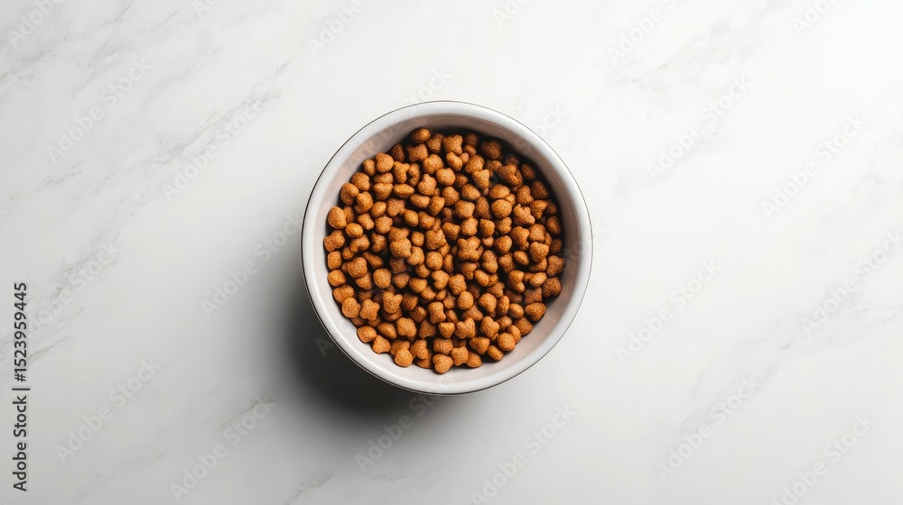 Round ceramic pet bowl with crunchy kibble pieces, neatly placed on a seamless white surface Round ceramic pet bowl with crunchy kibble pieces, neatly placed on a seamless white surface