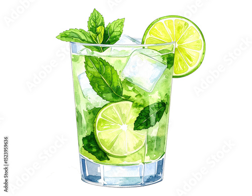 Watercolor illustration of a refreshing Mojito cocktail with mint and lime. Cocktail drink watercolor illustration on transparent background.
