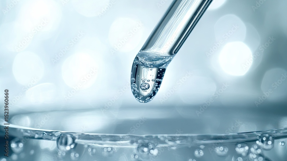 Transparent liquid drop slowly forming at pipette tip over neutral light backdrop Transparent liquid drop slowly forming at pipette tip over neutral light backdrop