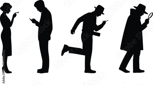 Silhouette Mystery Characters: Detective, Spy, Runner, and Sleuth in Action for Noir-Themed Design
