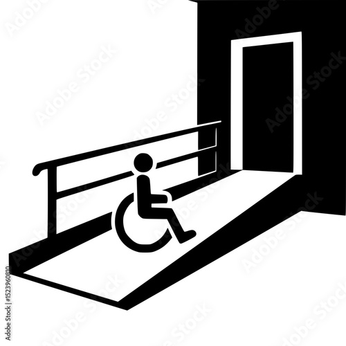 Wheelchair user navigating ramp towards accessible entrance  