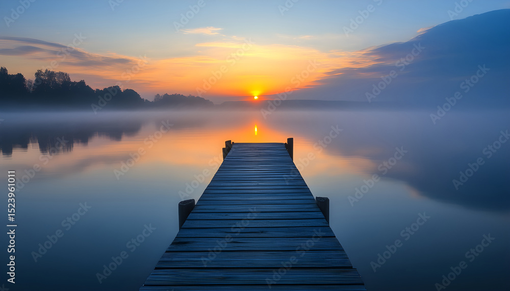 Fototapeta premium A straight flat simplistic rectangular lake dock, beautiful sunrise, foggy, calm water