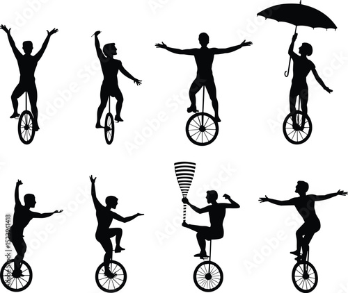 Silhouettes of people performing tricks on unicycles, balancing acts, juggling, umbrella stunts, acrobatic poses, circus vector