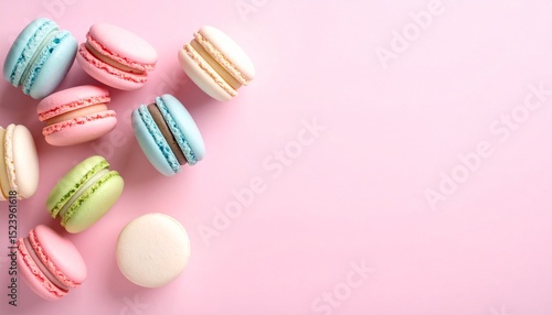 Wallpaper Mural Delightful, colorful macarons in a top-down view against a vibrant light pink background. Ideal for sweet treats, bakery promotions, and summer-themed designs with ample copy space. Torontodigital.ca