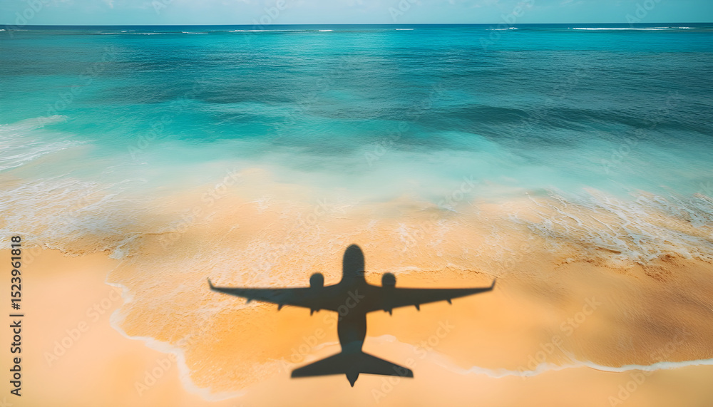 Naklejka premium Travel concept. Airplane shadow on a tropical beach. Summer vacation in exotic location banner. Holidays by plane background