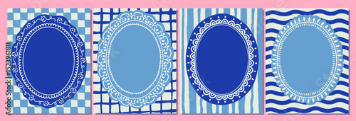 Set of colorful frames with wavy edges. Ornaments, patterns. Doodle, cute retro borders. Design for card, invitation, cover, packaging. La dolce vita style. Sticker. Quote box. Logo. 