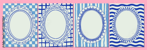 Set of colorful frames with wavy edges. Ornaments, patterns. Doodle, cute retro borders. Design for card, invitation, cover, packaging. La dolce vita style. Sticker. Quote box. Logo. 