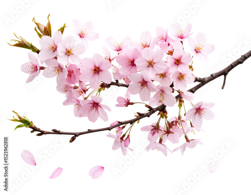 Single Artistic Cherry Blossom Branch with Subtle Petal Fall, transparent background