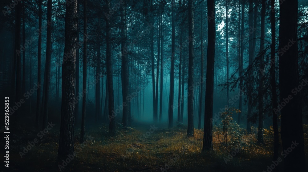 Misty forest scene with tall trees and an ethereal atmosphere during twilight hours Misty forest scene with tall trees and an ethereal atmosphere during twilight hours