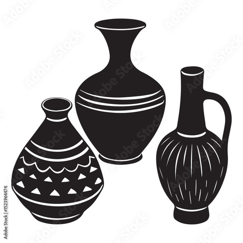 Set of icons of vases, clay amphorae. Black silhouette of vessels of different shapes. Vector illustration, Detailed illustration of ancient greek pottery ceramic vases silhouettes.Modern illustration
