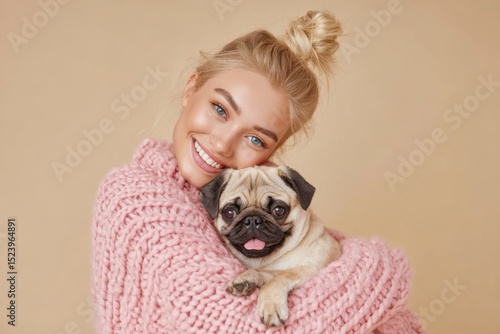 Happy Woman Holding a Cute Little Pug Dog