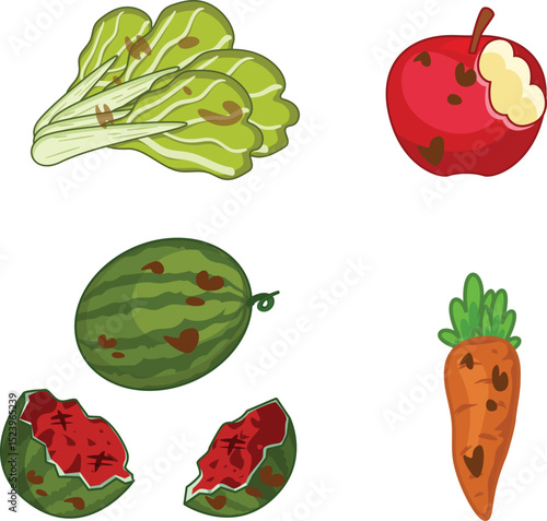 Cartoon illustration of spoiled vegetables collection. Vector illustration.