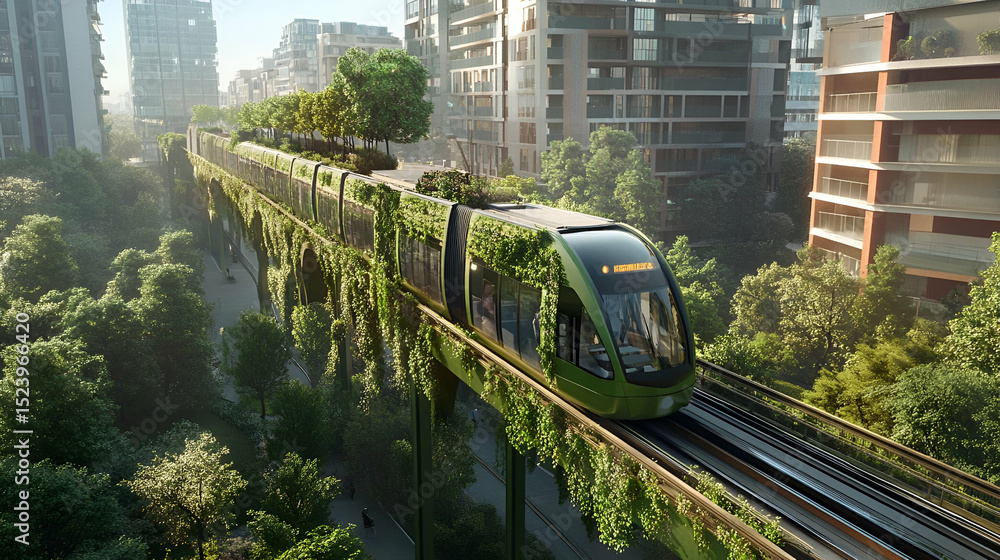 Fototapeta premium Elevated Green Train Through Lush Urban Landscape