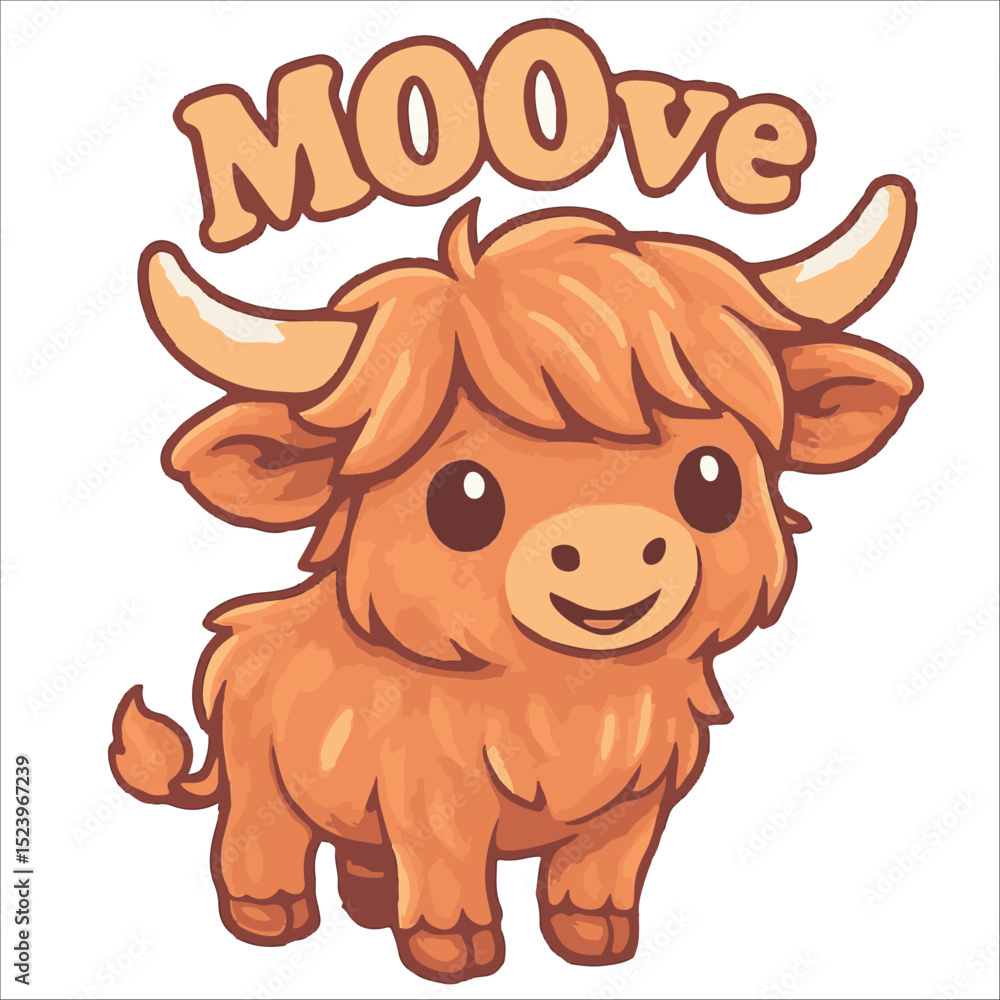 Fototapeta premium Adorable vector illustration of a cute, fluffy Highland cow with sparkling elements
