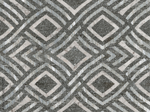Seamless geometric pattern design in shades of blue with diamond and stripe shapes on dark background.