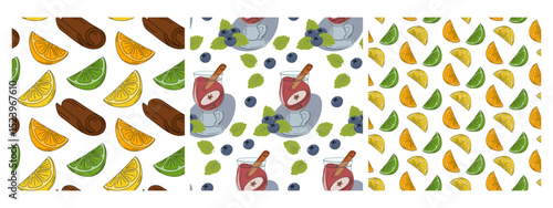 Citrus Fruit slices and Mulled wine in glass cup and blueberry Seamless Patterns Bundle Fruits fond