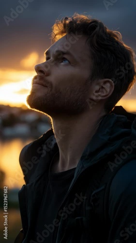 Young man looks upward towards a majestic golden sunset sky with blurred buildings and water in the background during golden hour.