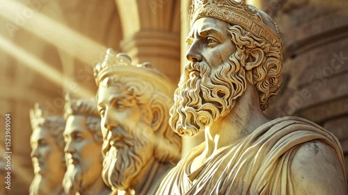Majestic sunlit statues in ancient greek architectural setting