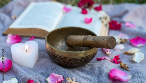 Brass sound bowl on cloth with flower high resolution photo