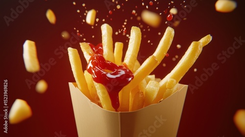 Crispy French Fries with Ketchup Splash on Red Background for Fast Food and Snack Design