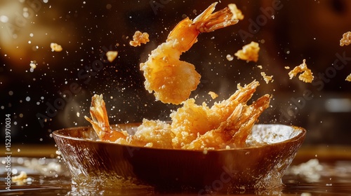 Crispy Fried Shrimp Flying Above Bowl for Asian Cuisine and Restaurant Design