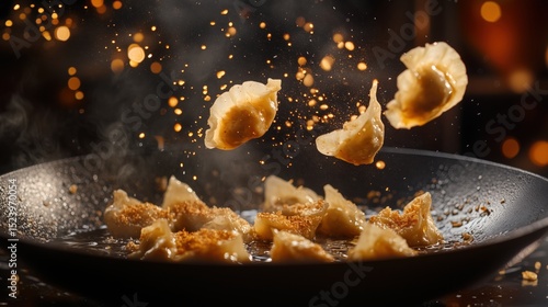 Fried Dumplings Flying in Pan with Golden Sparks for Asian Food and Restaurant Design