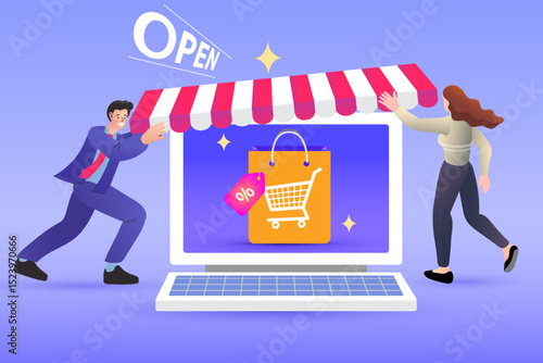 A business team launches their new online store, putting an awning on a laptop with an 'OPEN' sign. This illustrates the grand opening of an e-commerce website for retail and shopping.