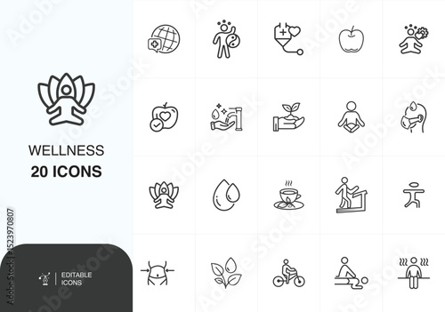 Minimal Wellness Icon Set, Healthy lifestyle, diet, exercise, sleep, yoga, fitness, self-care, 20 Health Symbols, Balanced Life Vector Pack,