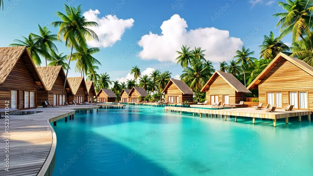 Wooden overwater bungalows with palm trees and turquoise pool at sunny tropical resort offering seaside luxury vacation ambiance
Wooden overwater bungalows with palm trees and turquoise pool at sunny tropical resort offering seaside luxury vacation ambiance